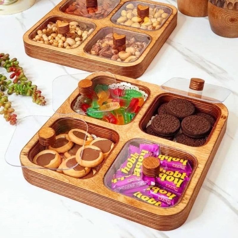 اردوخوری چوبی 4 خانه‌ای خانه خاص، شیشه‌ای ضدآب، ابعاد 24 در 24 سانتی‌متر، ابعاد هر محفظه 10 در 10 سانتی‌متر