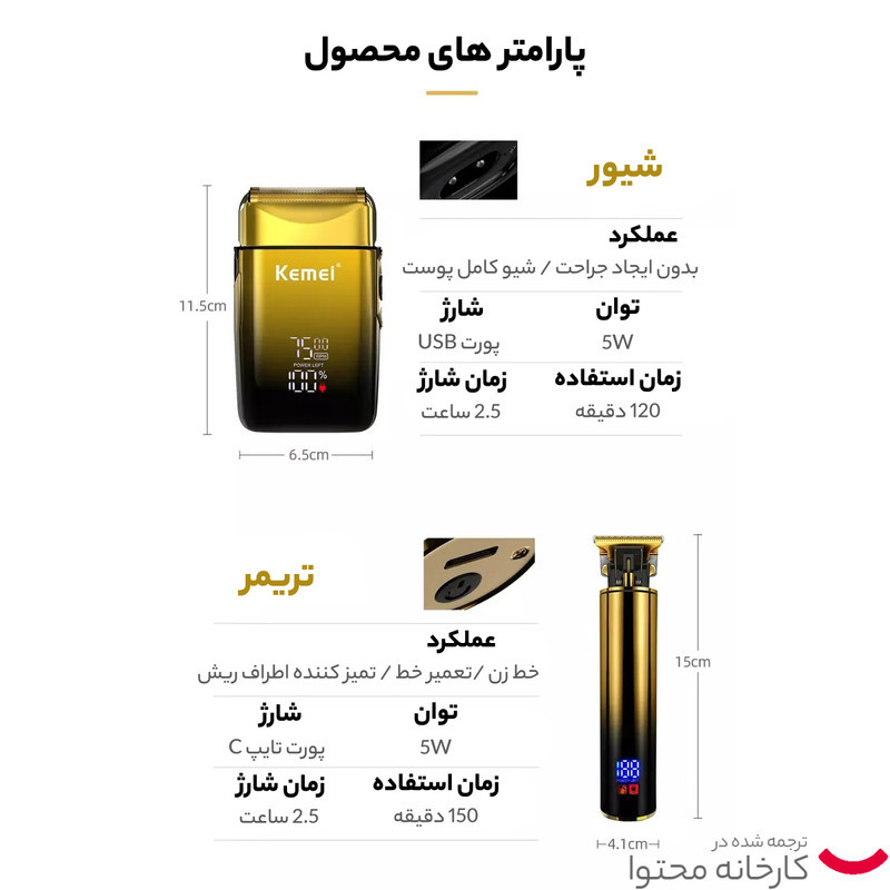مجموعه 2 عددی ماشین اصلاح موی سر و صورت کیمی مدل KM-2131 با تیغه استیل ضدزنگ، شارژ سریع، تنظیم سرعت، منبع انرژی کابل USB، شامل شیور صفرزن، تریمر حجم‌زن و خط‌زن با مدت استفاده 120 دقیقه پس از شارژ