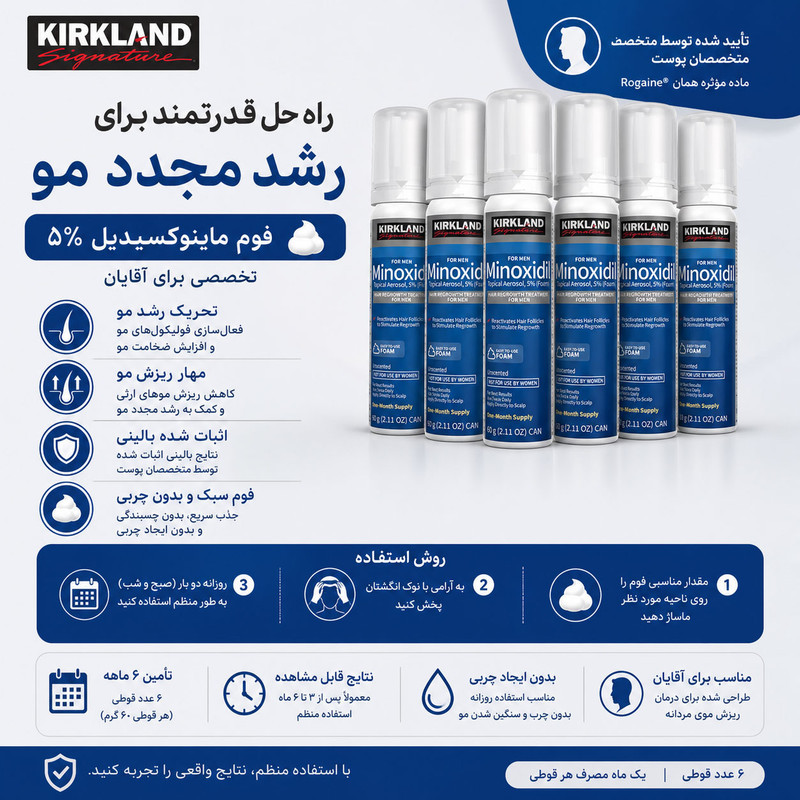 فوم ضد ریزش مو کرکلند مدل Minoxidil 5% حجم 360 میلی لیتر مجموعه 6 عددی