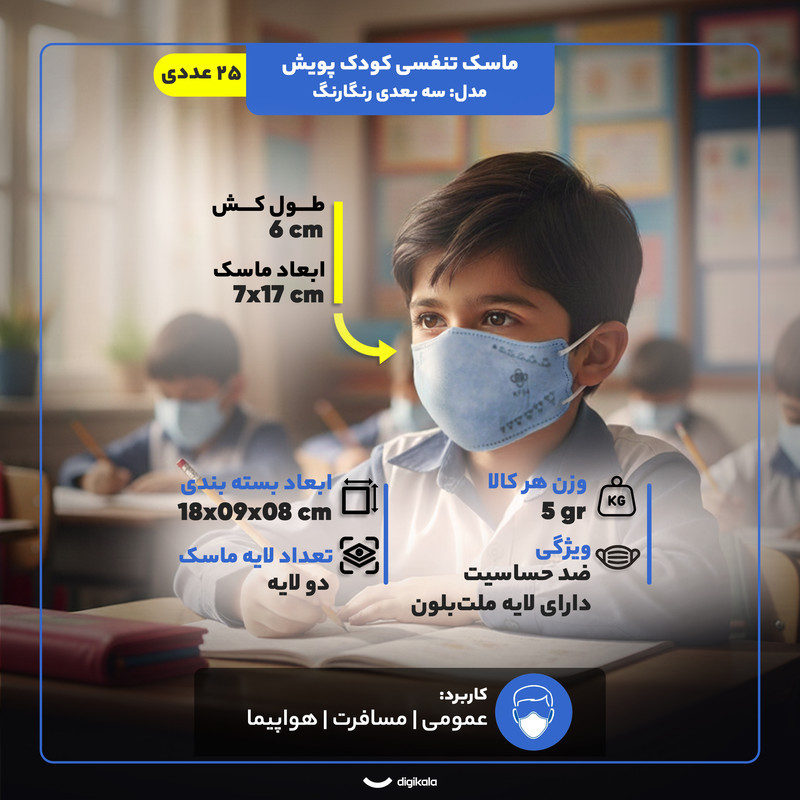 ماسک تنفسی کودک پویش مدل سه بعدی بسته 25 عددی
