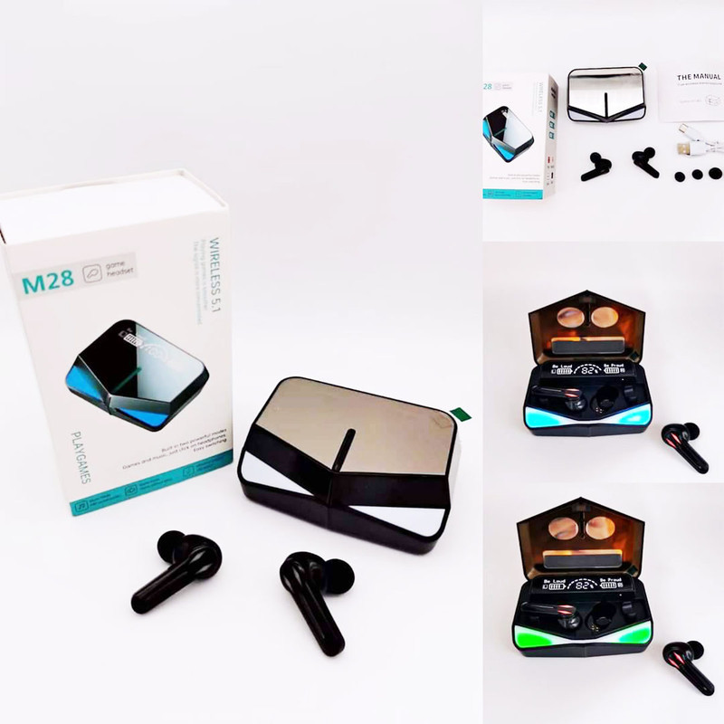 هدفون بلوتوثی مدل M28 TWS بدون قابلیت نویز کنسلینگ، درگاه شارژ USB Type-C، دارای صفحه نمایش LED برای نمایش میزان شارژ، باتری قابل شارژ تا 200 ساعت