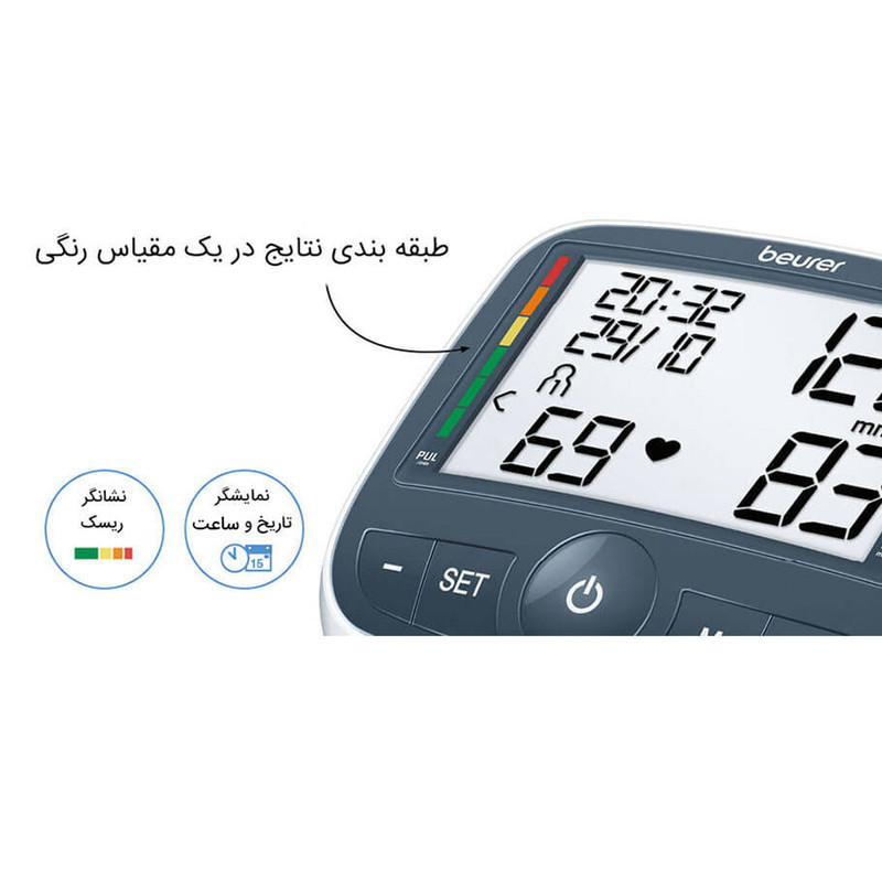 فشارسنج بازویی دیجیتال بیورر مدل BM40 با حافظه 99 رکورد، قابلیت استفاده دو کاربر، نمایش میانگین نتایج، اندازه‌گیری فشار خون و ضربان قلب، تشخیص آریتمی، هشدار باتری ضعیف، منبع تغذیه برق و باتری قلمی، سایز بازو 22 تا 35 سانتی‌متر