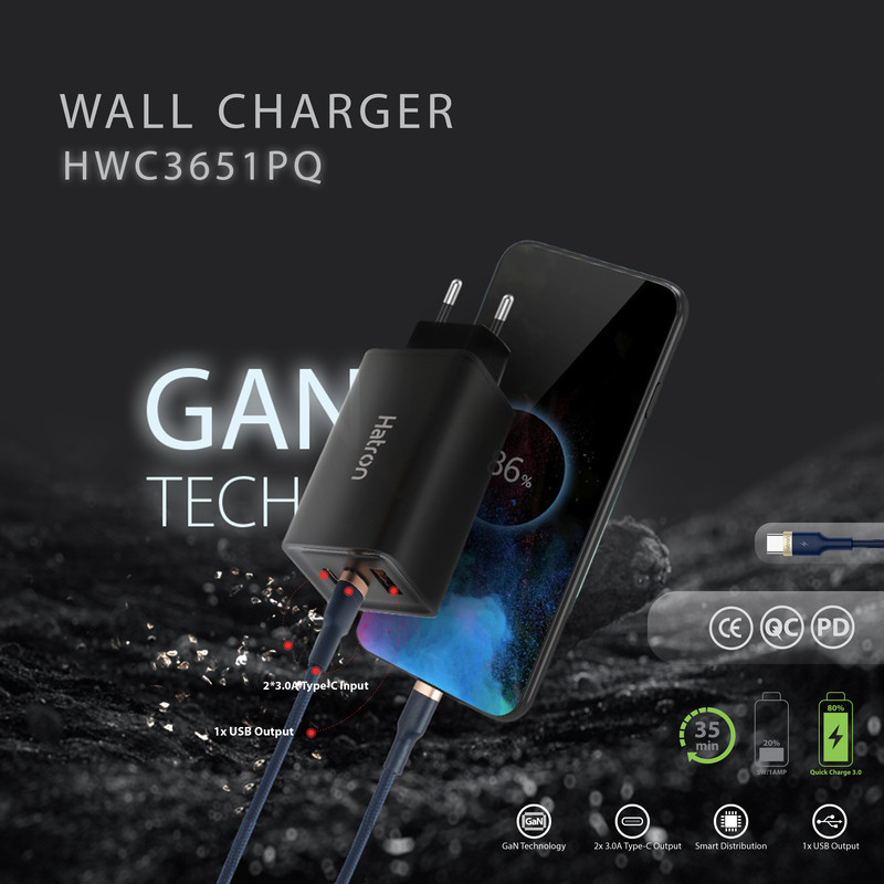شارژر دیواری 65 وات هترون مدل  HWC 3651 PQ GaN
