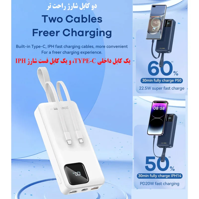 پاوربانک 22.5 وات ریمکس مدل RPP-550 ظرفیت 30000 میلی آمپر ساعت به همراه دو عدد کابل USB-C و لایتنینگ