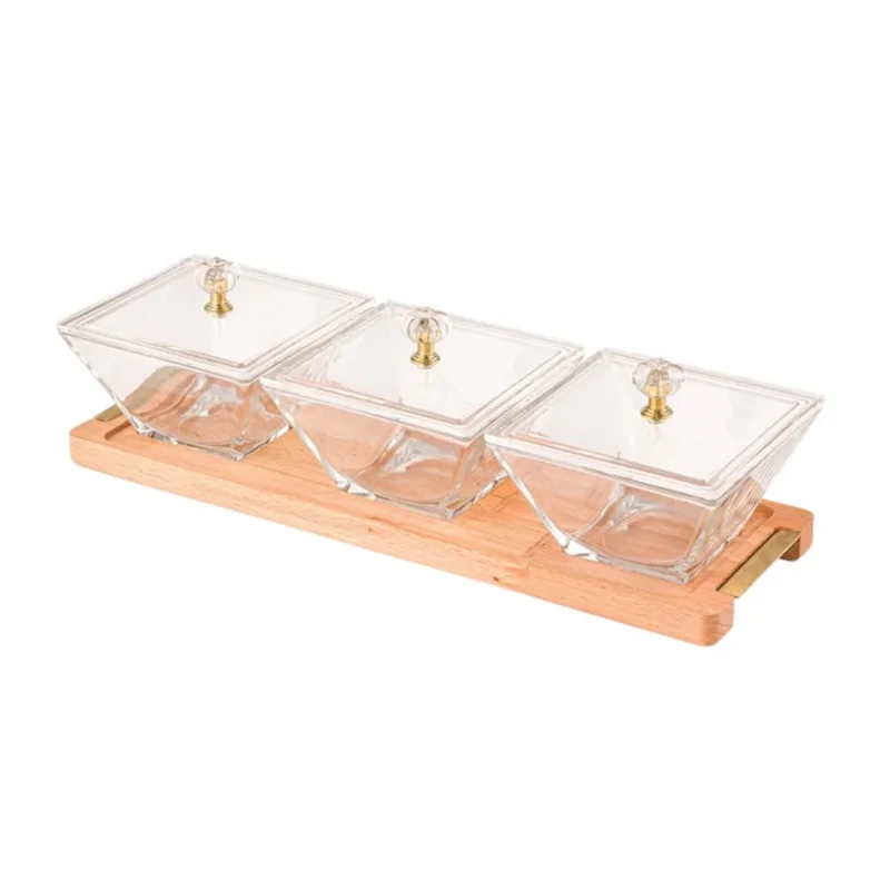 اردوخوری لیمون مدل FIDOKA-2242، با 3 خانه مربع شیشه‌ای، در اکریلیک و پایه چوبی، مناسب سرو پنیر، ابعاد 32×10×9، قابل شستشو با دست و ماشین ظرفشویی