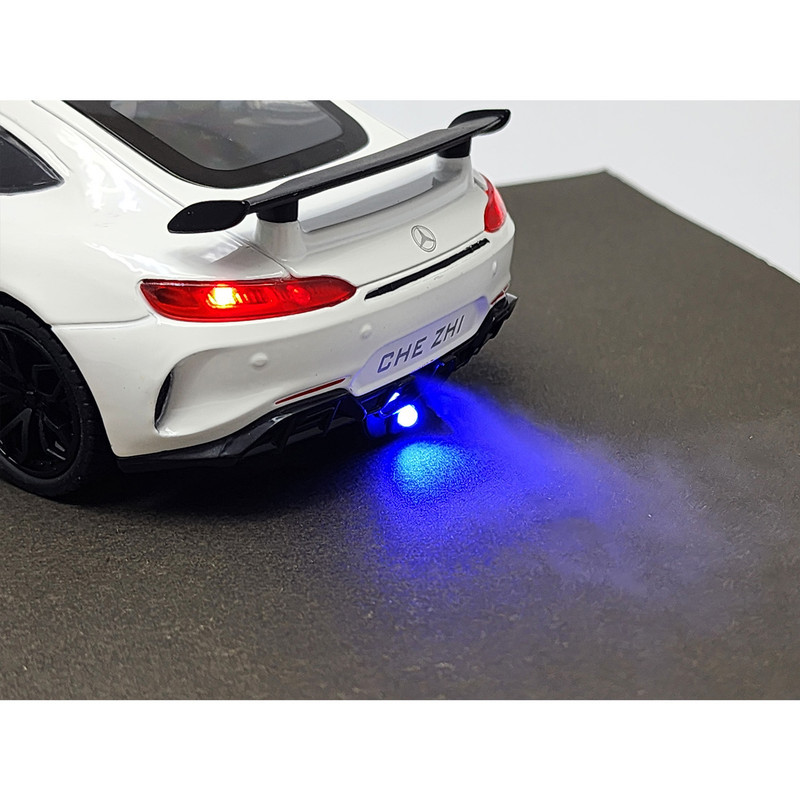 ماکت ماشین فلزی اسپرت BENZ AMG GT قابلیت دودزا با منبع آب، چراغ‌دار، موزیکال، فرمان‌پذیری چرخ‌های جلو، عقب‌کش، باتری قلمی، بدنه صیقلی و 6 درب بازشو