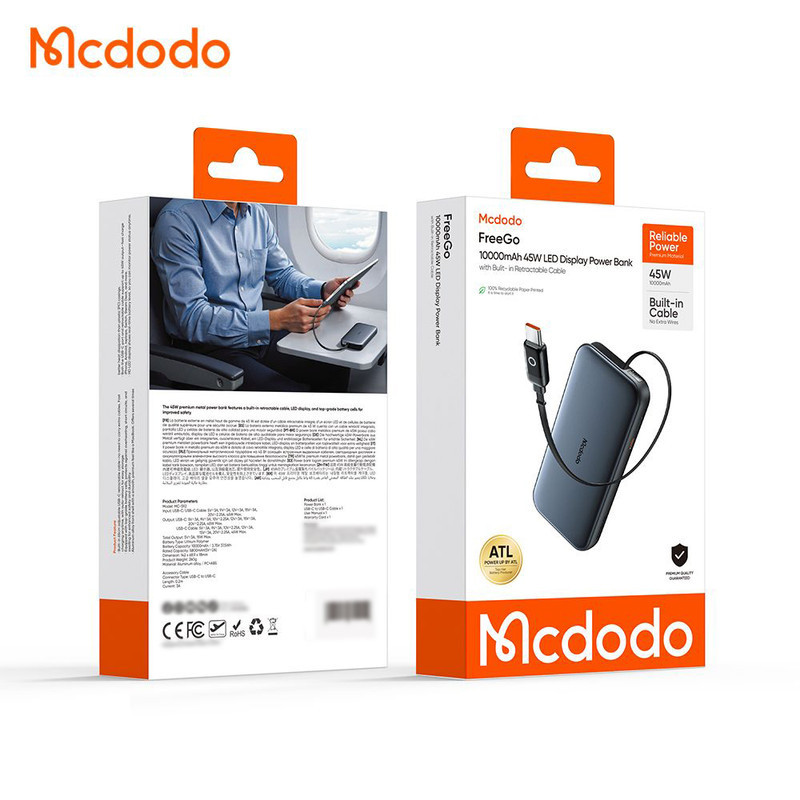 پاوربانک 45 وات مک دودو مدل MC-592 ظرفیت 10000 میلی‌آمپرساعت به همراه یک عدد کابل USB-C