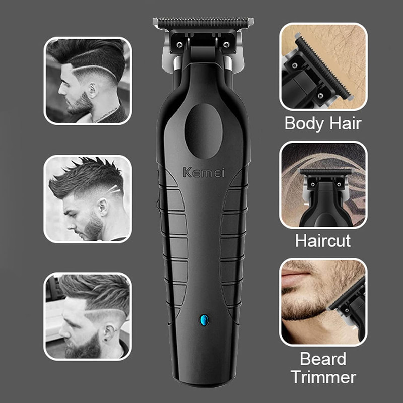 ماشین اصلاح مو سر و صورت کیمی مدل km-2299 شارژی با تیغه استیل پیشرفته، قابلیت صفر زن و خط زن، شارژ سریع 180 دقیقه و طراحی ارگونومیک به همراه تیغه یدک و محافظ تیغه