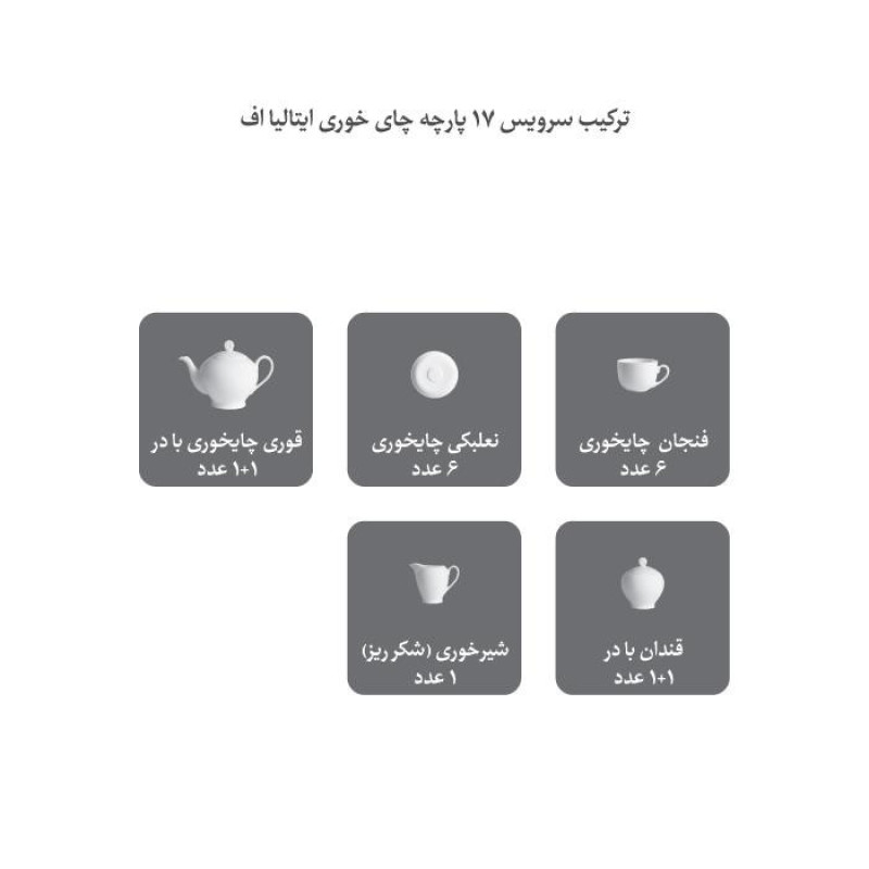 سرویس چای خوری 17 پارچه چینی زرین ایران سری ایتالیا اف مدل ریوا درجه عالی