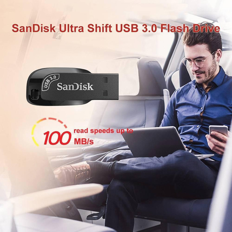 فلش مموری سن دیسک مدل ULTRA SHIFT CZ410 ظرفیت 32 گیگابایت، رابط USB 3.1 با سرعت خواندن 100 مگابایت بر ثانیه، مناسب ضبط خودرو و تلویزیون، دارای نرم‌افزار امنیتی SanDisk SecureAccess و بازیابی فایل RESCUEPRO DELUXE