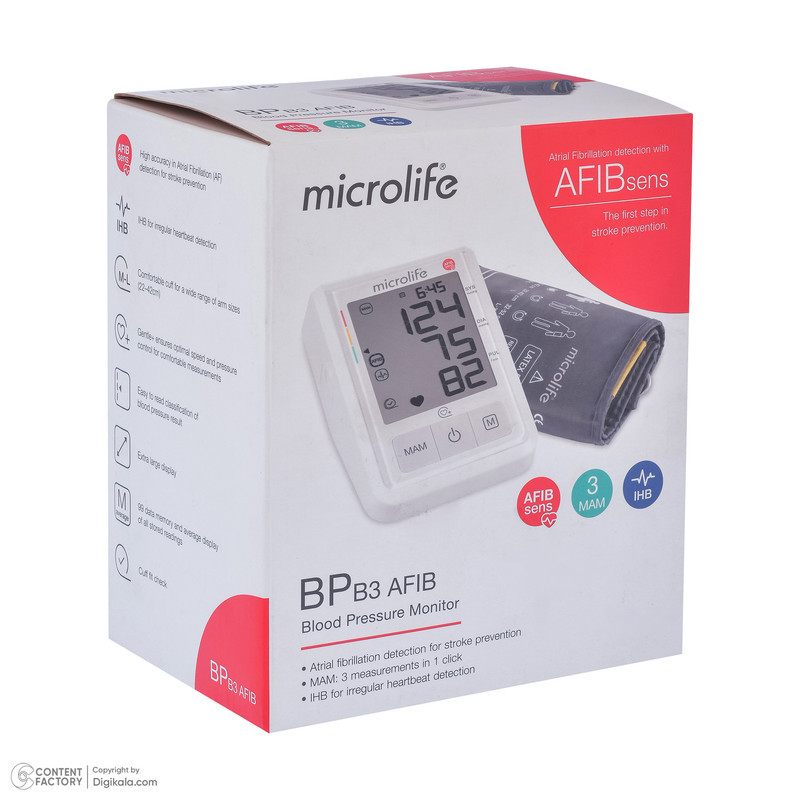 فشارسنج بازویی دیجیتال مایکرولایف مدل BP-B3 با حافظه ذخیره نتایج، مناسب بازو 22 تا 42 سانتی‌متر، منبع تغذیه باتری و همراه با کیف نگهدارنده و کاف