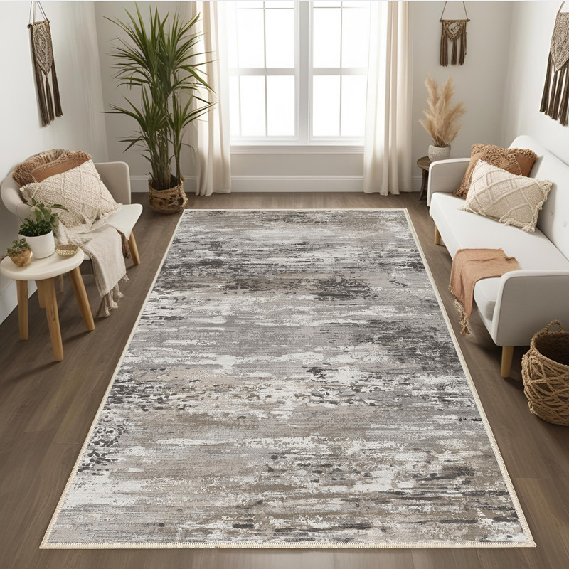 فرش ماشینی 1000 شانه زمینه کرم حاشیه طوسی مدل نانو چاپ بدون پرز طرح مینیمال دلتا کد OR.1122.08