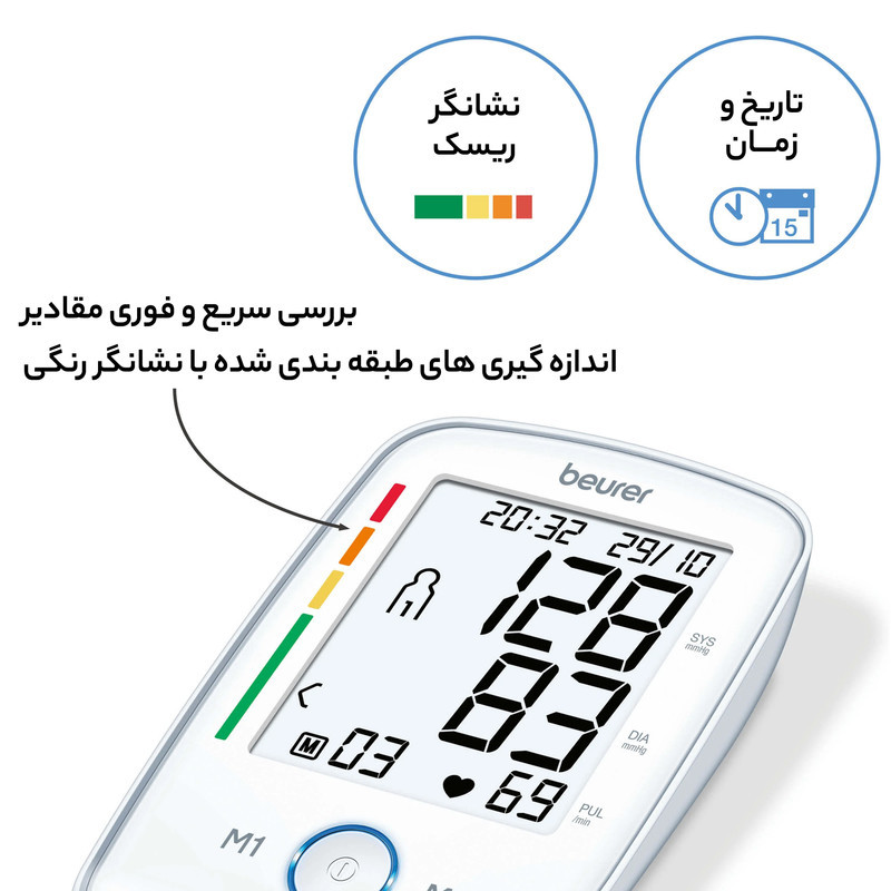 فشارسنج بازویی دیجیتال بیورر مدل BM45 با بلوتوث، ذخیره 60 نتیجه برای دو کاربر، نمایش میانگین نتایج، هشدار خطا، ضد ضربه و ضد آب