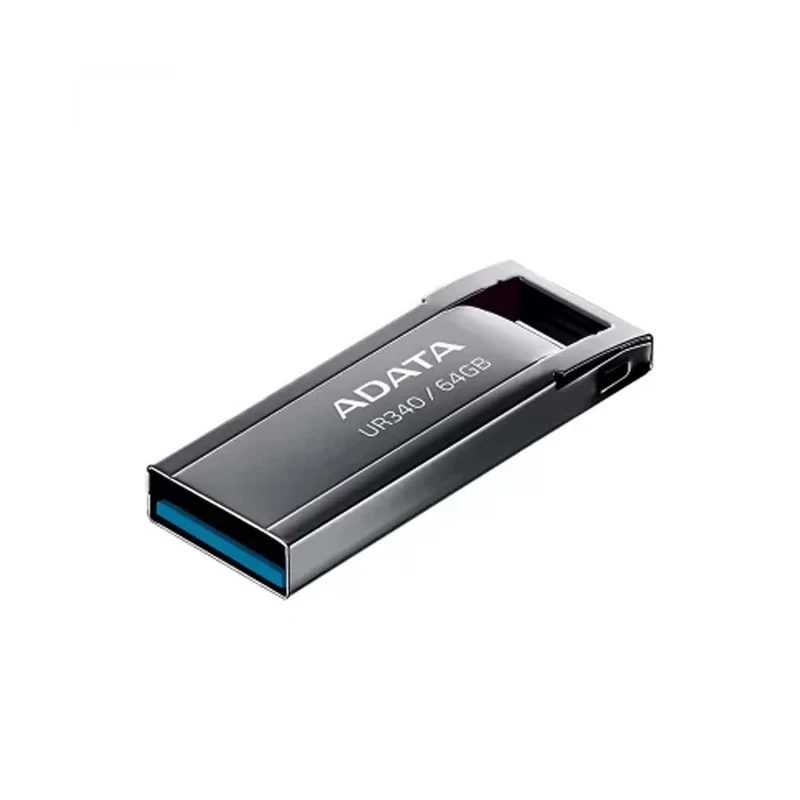 فلش مموری ای دیتا مدل UR340 ظرفیت 64 گیگابایت با بدنه فلزی، رابط USB 3.2 Gen1 Type-A، سرعت انتقال 100 مگابایت بر ثانیه و پشتیبانی از سیستم‌عامل‌های ویندوز، مک و لینوکس