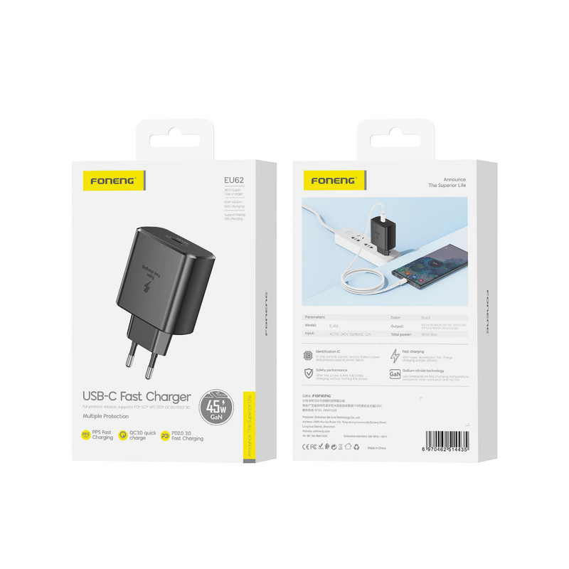 شارژر دیواری 45 وات فوننگ مدل E45 به همراه کابل تبدیل USB-C