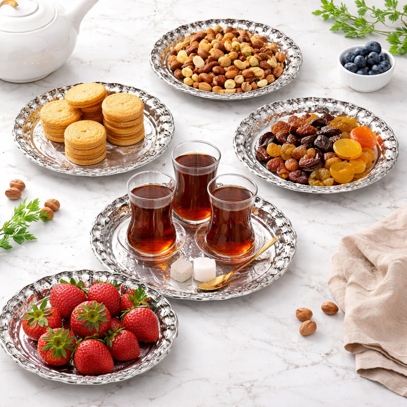 بشقاب پذیرایی استیل دایره‌ای 5 عددی، ابعاد 20×20 سانتی‌متر