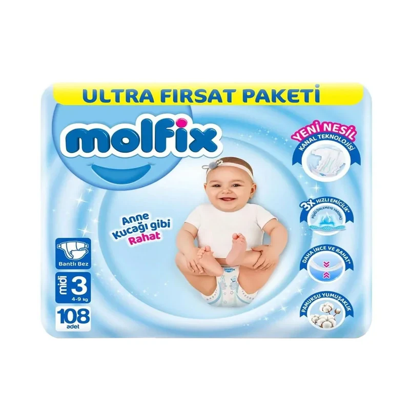 پوشک مولفیکس مدل چسبی سایز 3 بسته 108 عددی