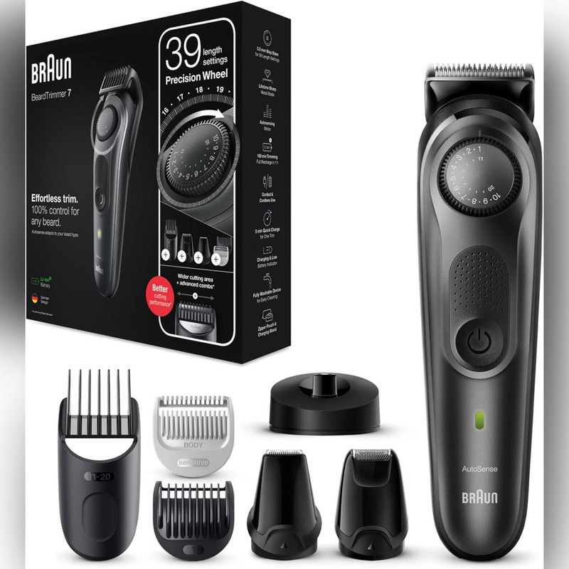 ماشین اصلاح صورت و بدن شارژی براون مدل BT7350 ضدآب با فناوری AutoSense، تیغه‌های خودتیزشونده استیل ضدزنگ، باتری لیتیوم‌یون با 100 دقیقه کارکرد، شارژ سریع و تنظیم اصلاح با 39 شماره نیم‌میلی‌متری