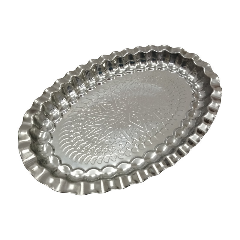 سینی بدون دسته مدل بیضی استیل طرح سنتی کد 73 سایز 25*37 سانتیمتر