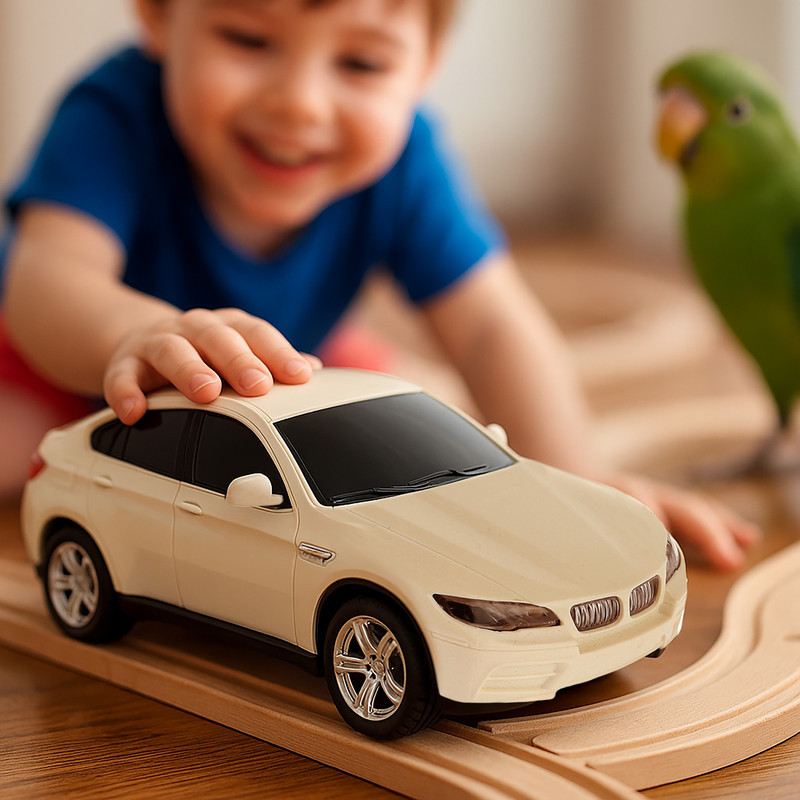 ماشین بازی کنترلی مدل سواری طرح BMW دارای چراغ و قابلیت حرکت در چهار جهت جلو، عقب، چپ و راست، بدنه پلاستیکی سبک و ابعاد 150x70x100 میلی‌متر