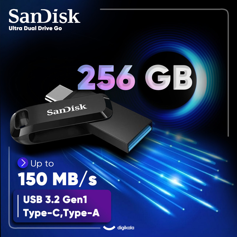 فلش مموری سن دیسک Ultra Dual Drive Go ظرفیت 256 گیگابایت با دو رابط USB Type-C و USB Type-A، طراحی چرخشی، سرعت خواندن 150 مگابایت بر ثانیه، سازگار با کامپیوتر، لپ‌تاپ، تبلت و گوشی موبایل