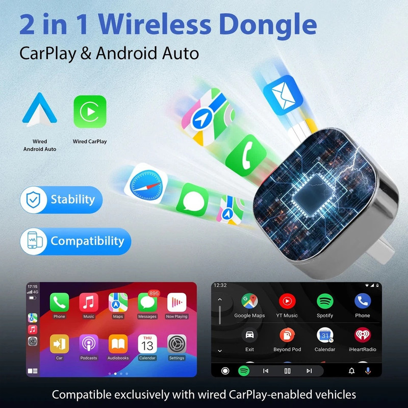 کارپلی و اندروید اتو مدل CPAA-Wifi Box به همراه مبدل USB به USB-C و مبدل USB