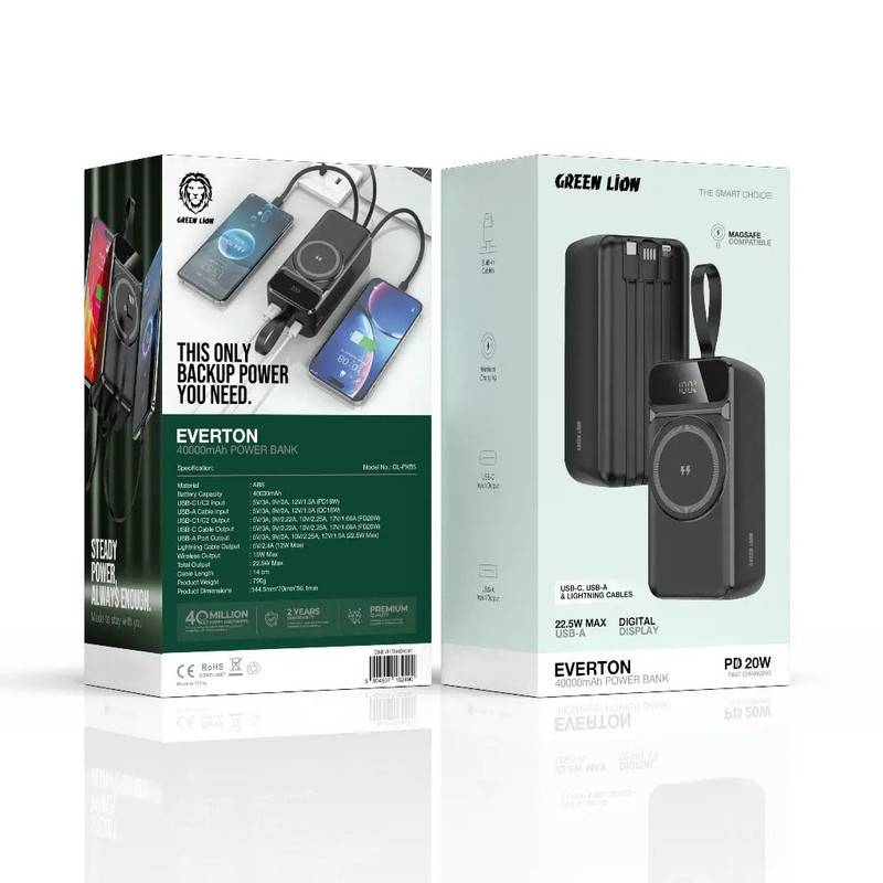 پاوربانک بی سیم 20 وات گرین لاین مدل Everton ظرفیت 40000 میلی‌آمپرساعت به همراه 3 عدد کابل لایتنینگ USB-C  USB-A