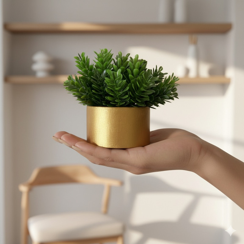 گلدان رومیزی به همراه گل مصنوعی کاج 844، ابعاد 8×8×8 سانتی‌متر و وزن 400 گرم