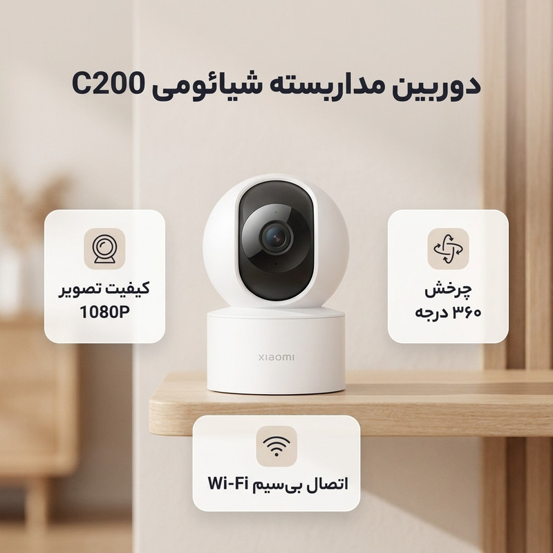 دوربین مداربسته تحت شبکه شیائومی مدل C200-MJSXJ14CM، کیفیت 1080P، اتصال بی‌سیم WiFi 2.4 گیگاهرتز، پشتیبانی از کارت حافظه تا 256 گیگ، چرخش 180 درجه هوشمند، قابلیت نصب رومیزی و دیواری، پشتیبانی از اپلیکیشن MiHome و دستیار صوتی Alexa و Google Assistant
