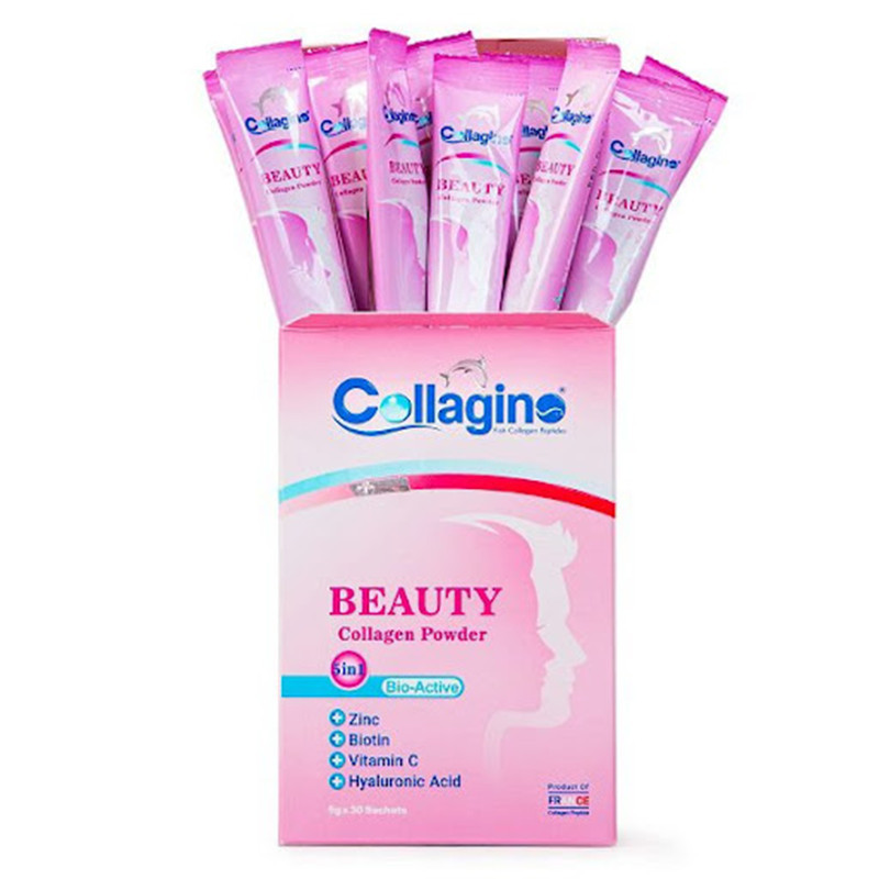 پودر کلاژن تقویت‌کننده پوست، مو و ناخن کلاژینو بیوتی مدل Beauty حاوی کلاژن پپتاید ماهی، ویتامین سی، زینک، بیوتین و هیالورونیک اسید، مکمل 5 در 1 ضدپیری و آنتی‌اکسیدان ساخت فرانسه، بسته 30 عددی