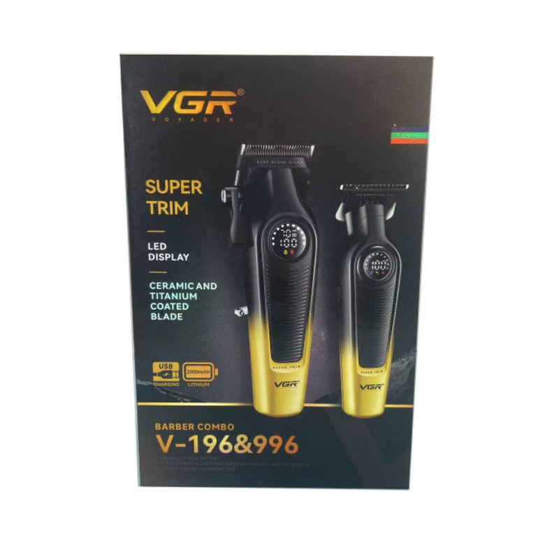 ماشین اصلاح موی سر و صورت شارژی وی جی ار مدل V-196&996 مجموعه دو عددی با تیغه سرامیک و تیتانیوم پیشرفته، باتری لیتیوم یون 2000 میلی‌آمپر ساعت، نمایشگر شارژ و طراحی ارگونومیک مقاوم در برابر ضربه