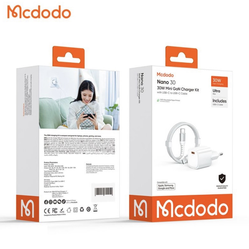 شارژر دیواری 30 وات مک دودو مدل Nano 30 mini به همراه کابل USB-C