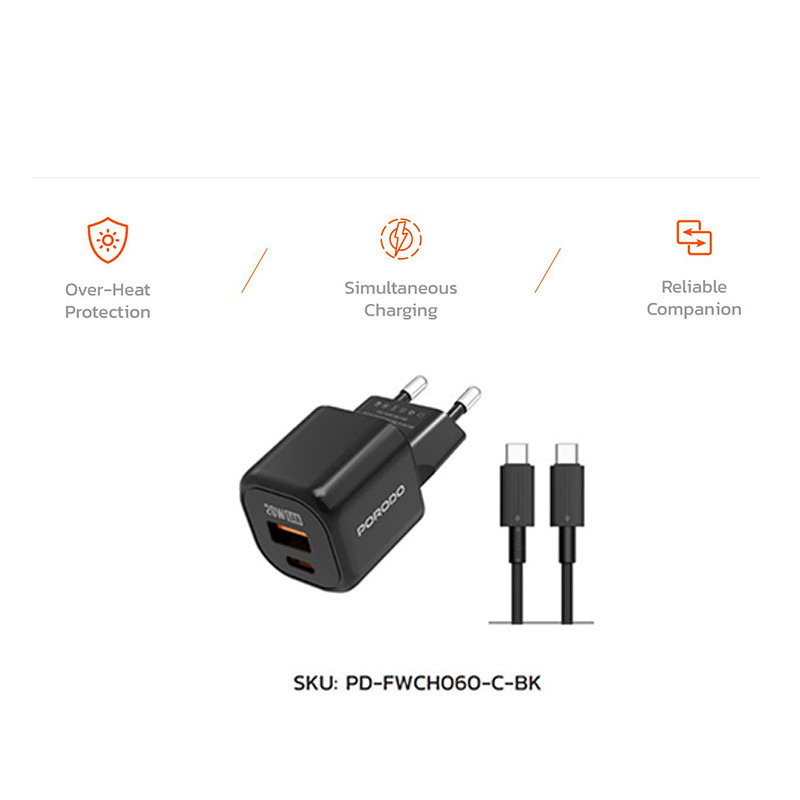 شارژر دیواری 20 وات دو پورت پرودو مدل FWC060 به همراه کابل USB-C