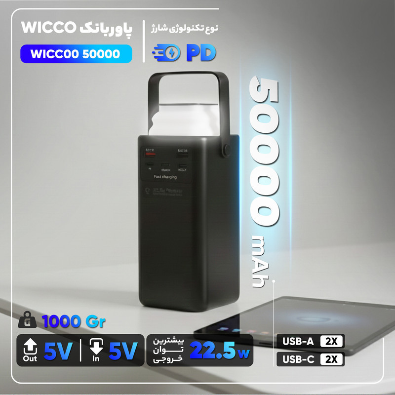 پاوربانک 22.5 وات مدل WICC00 50000 ظرفیت 50000 میلی آمپر ساعت
