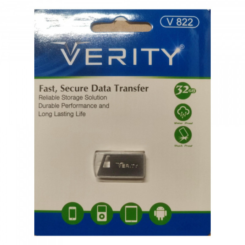 فلش مموری وریتی مدل V822 ظرفیت 32 گیگابایت، بدنه فلزی مقاوم در برابر ضربه و خش، سازگار با ویندوز و مک، رابط USB2.0، همراه با حلقه و قلاب فلزی حمل آسان