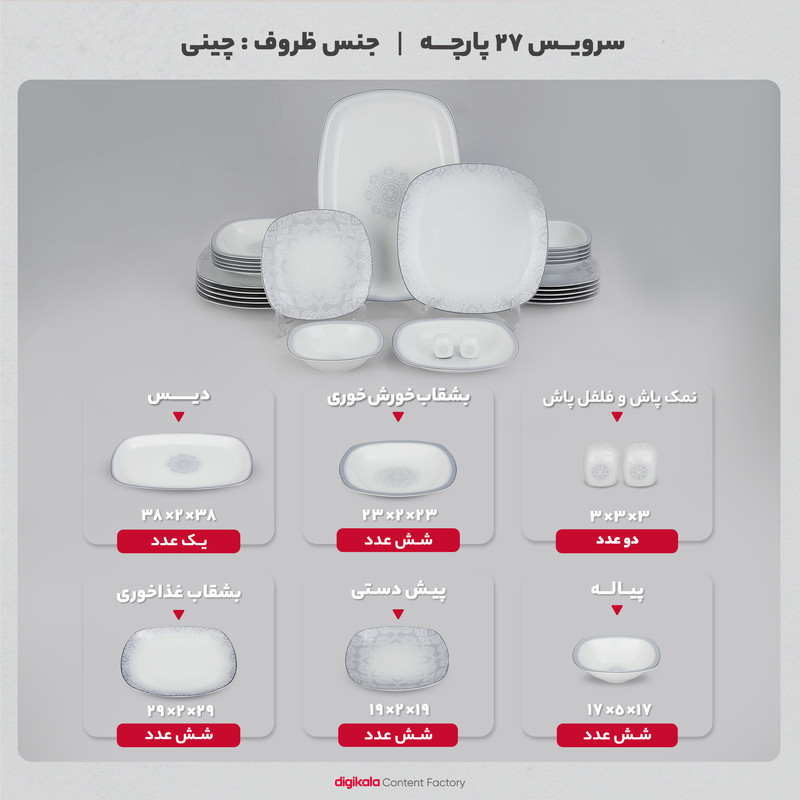 سرویس غذاخوری 27 پارچه چینی زرین ایران سری کواترو مدل ادلین درجه عالی