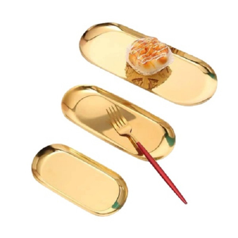 سینی سرو استیل مجموعه سه عددی شامل سایز کوچک 18x8، متوسط 23x9 و بزرگ 26x11 سانتی‌متر