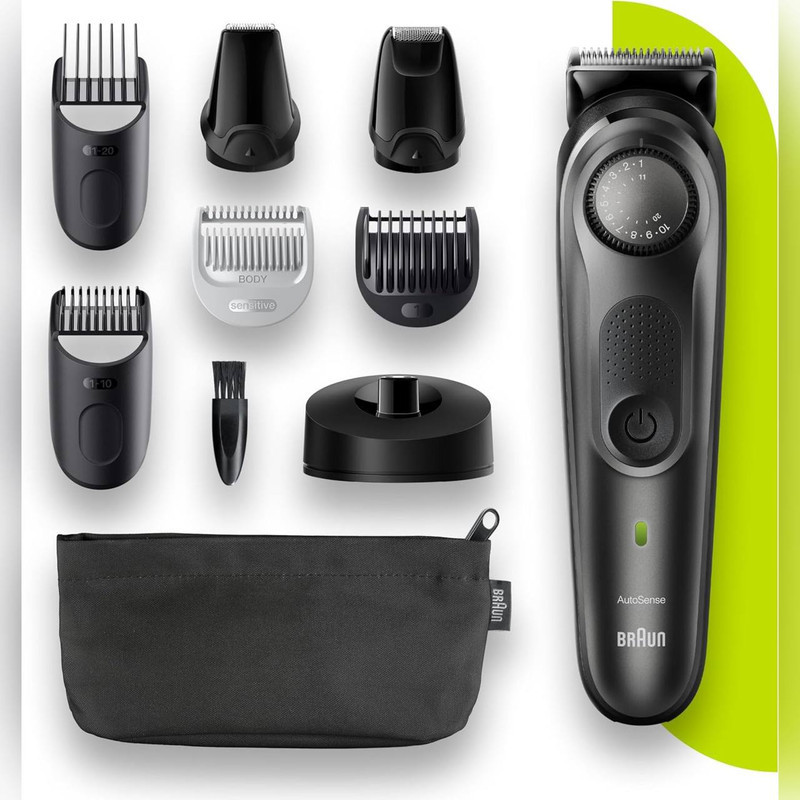 ماشین اصلاح صورت و بدن شارژی براون مدل BT7350 ضدآب با فناوری AutoSense، تیغه‌های خودتیزشونده استیل ضدزنگ، باتری لیتیوم‌یون با 100 دقیقه کارکرد، شارژ سریع و تنظیم اصلاح با 39 شماره نیم‌میلی‌متری