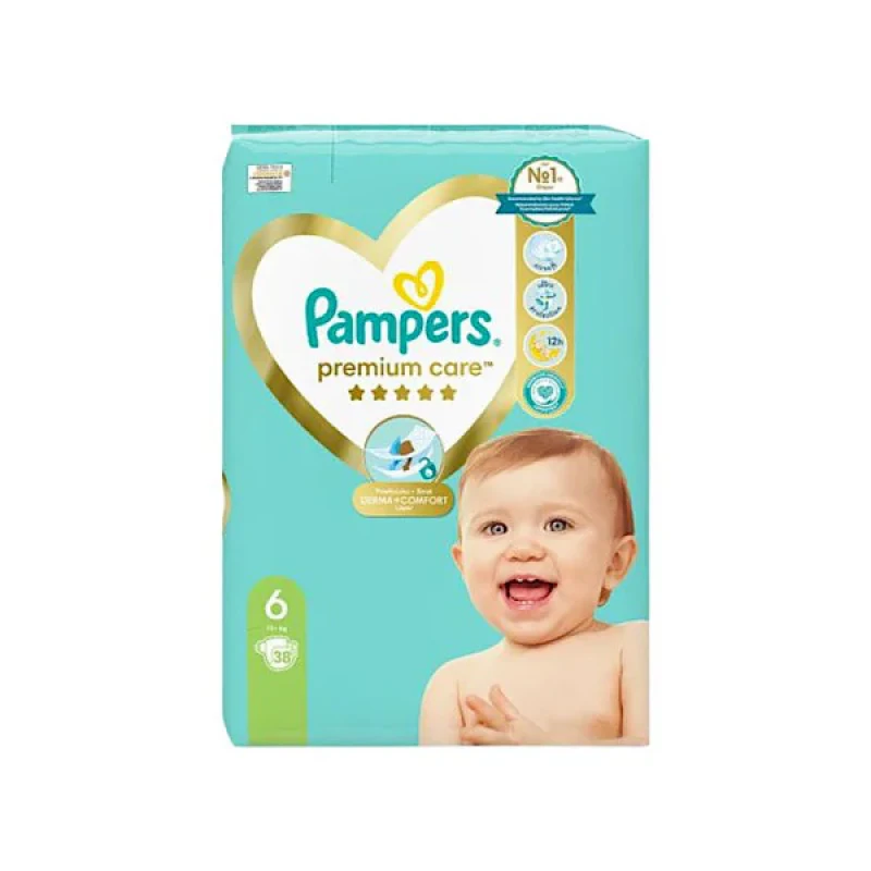 پوشک بچه پمپرز مدل premium care سایز ۶ بسته ۳۸ عددی