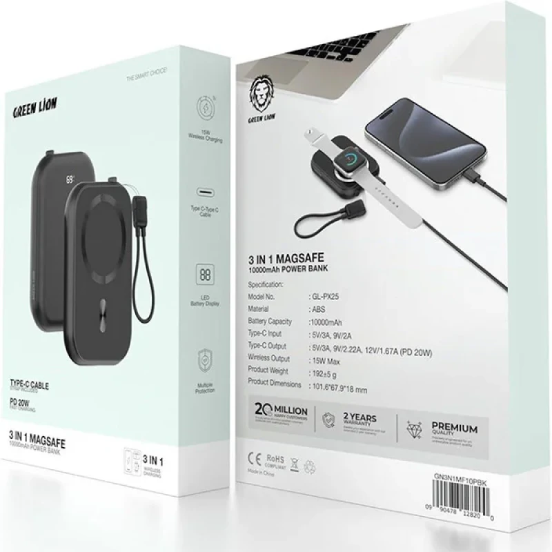 پاوربانک گرین لاین مدل 3IN1 MAGSAFE PD 20W ظرفیت 10000میلی آمپر ساعت