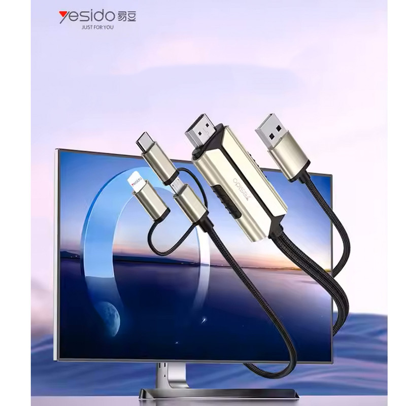 کابل تبدیل HDMI به لایتنینگ  microUSB USB-C یسیدو مدل HM14 طول 2 متر