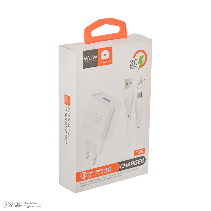 شارژر دیواری 18 وات دبلیو یو دبلیو مدل T95 به همراه کابل USB به USB-C طول 1 متر