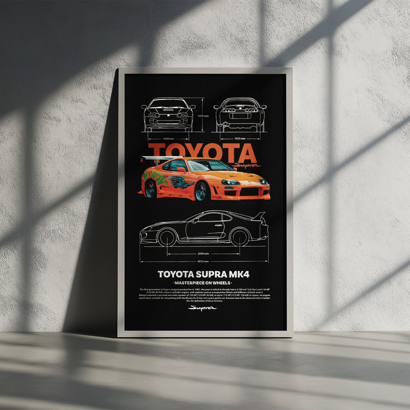تابلو بکلیت طرح ماشین و خودرو تویوتا TOYOTA SUPRA MK4مدل W-po1561 فریم سفید
