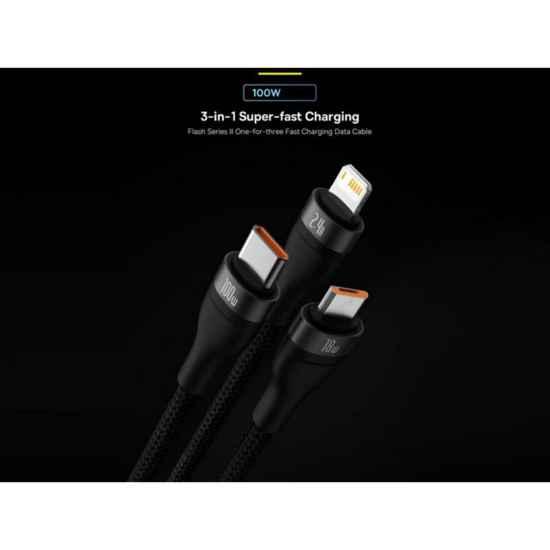 کابل تبدیل USB به USB-C  microUSB  لایتنینگ باسئوس مدل ONE-FOR-THREE 100Wطول 1.2 متر