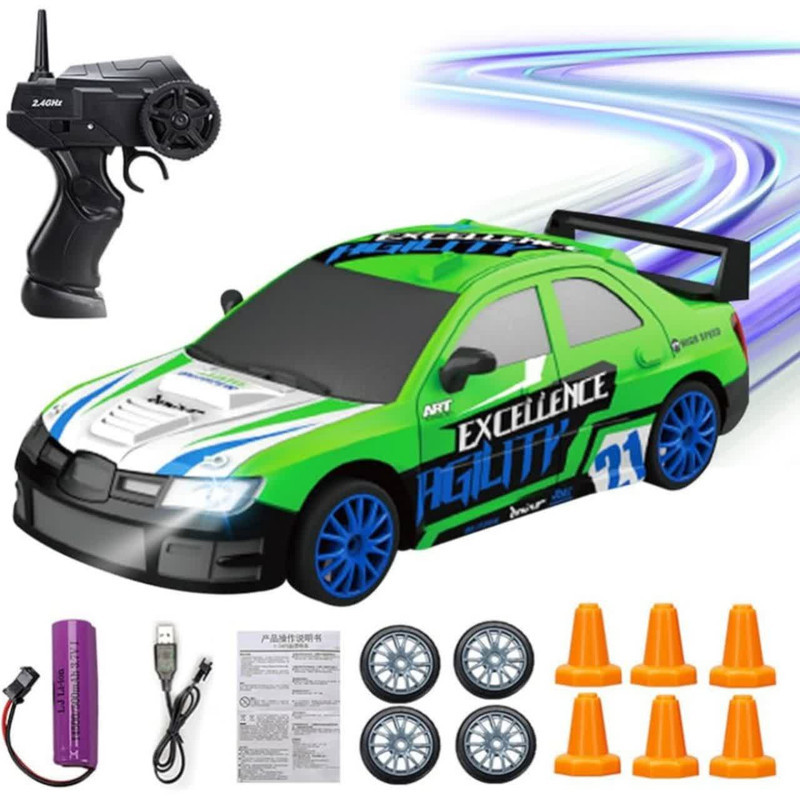 ماشین بازی کنترلی ناب سل مدل سوبارو دریفت شارژی سرعتی 15kmh به همراه لاستیک زاپاس و علائم رانندگی کد SUBARU DRIFT CAR RETURNS NAAB006