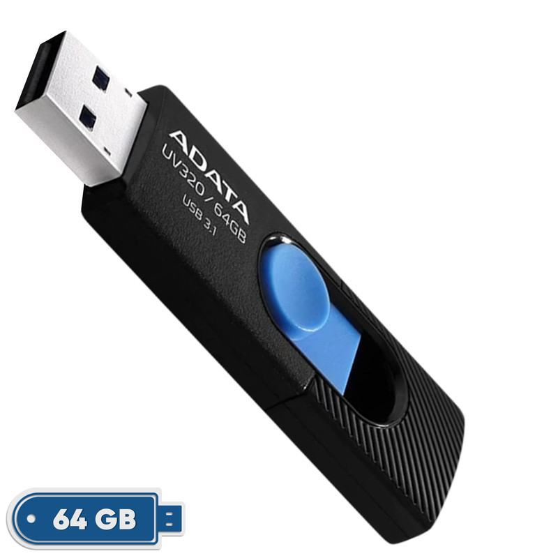 فلش‌مموری کشویی ای دیتا مدل UV320 ظرفیت 64 گیگابایت با رابط USB 3.2 Gen1 سرعت انتقال تا 10 گیگابیت بر ثانیه و سازگار با ویندوز، مک، لینوکس، گوشی و تلویزیون