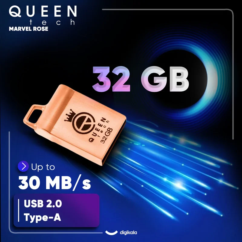 فلش مموری کوئین تک مدل MARVEL ظرفیت 32 گیگابایت رابط USB 2.0، بدنه فلزی مقاوم، طراحی فشرده با بند آویز، ضد آب و ضد شوک، سرعت انتقال 30 مگابایت بر ثانیه، سازگار با کامپیوتر، لپ‌تاپ، موبایل و تبلت
