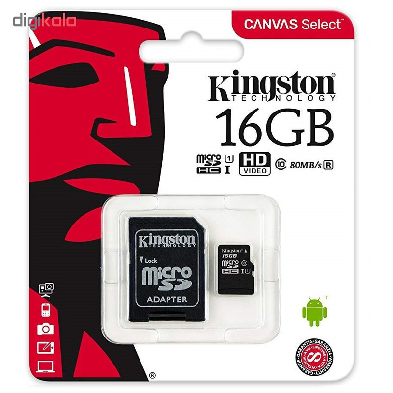 عنوان : کارت حافظه microSDHC کینگستون مدل Canvas Select کلاس 10 استاندارد UHS-I U1 سرعت 80MBps ظرفیت 16 گیگابایت به همراه آداپتور SD