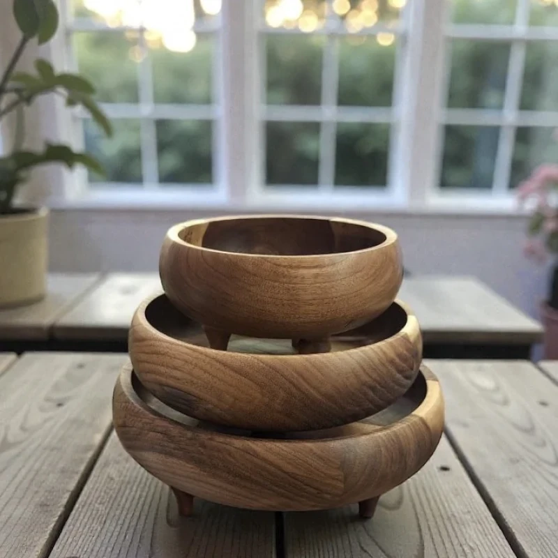 کاسه چوبی مدل خمره ای پایه دار بسته 3 عددی