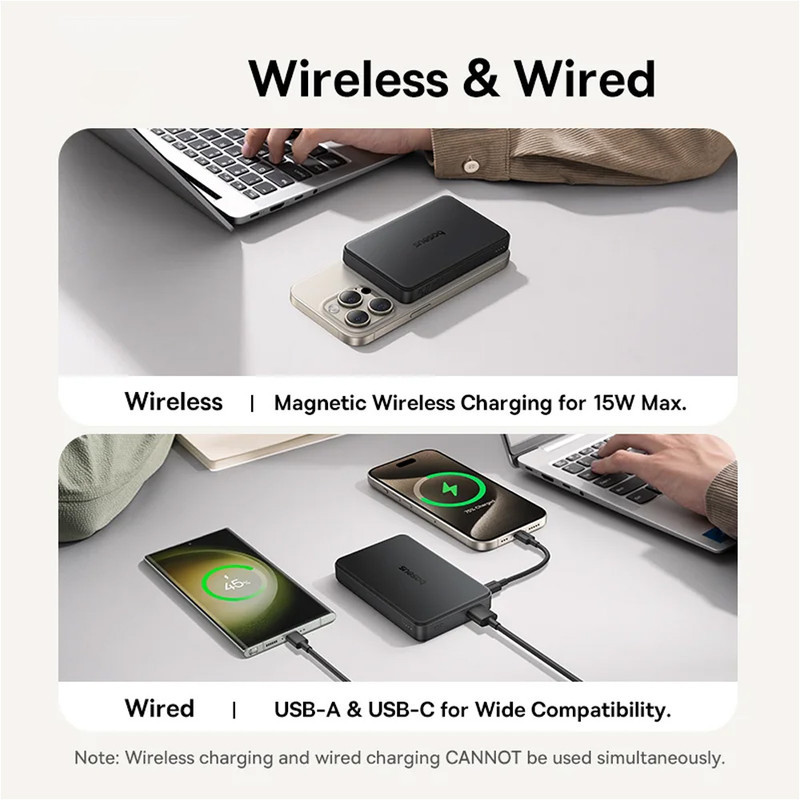 پاوربانک بی‌سیم 22.5 وات بیسوس مدل Airpow Ⅱ Qi2 Magnetic ظرفیت 10000 میلی‌آمپر ساعت
